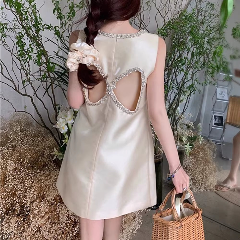 Casual Round Neck Sleeveless Patchwork Hollow Out Bead Mini Dresses