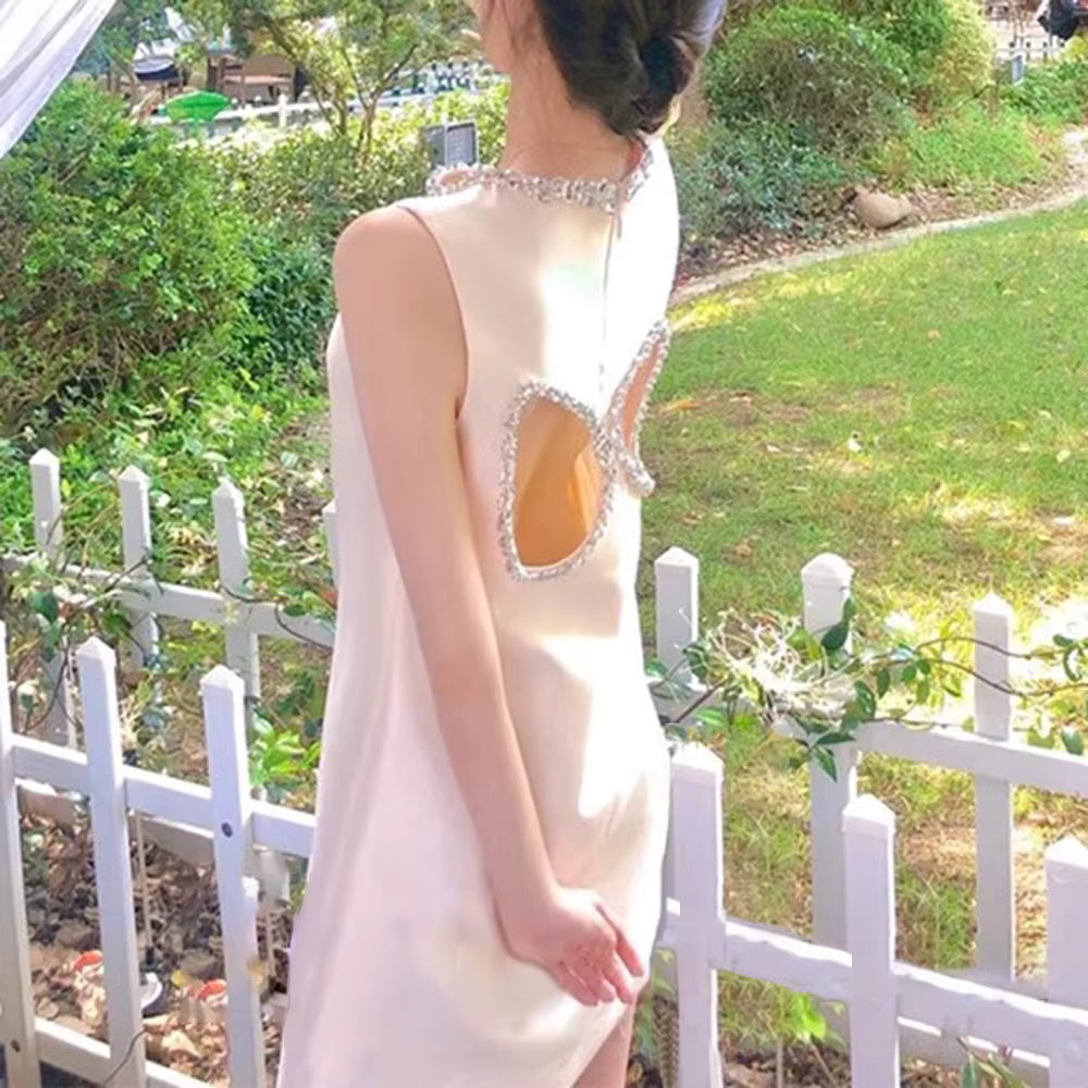 Casual Round Neck Sleeveless Patchwork Hollow Out Bead Mini Dresses