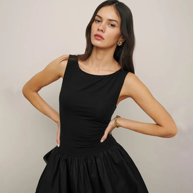 Casual Round Neck Sleeveless Splice Slim Short Dress