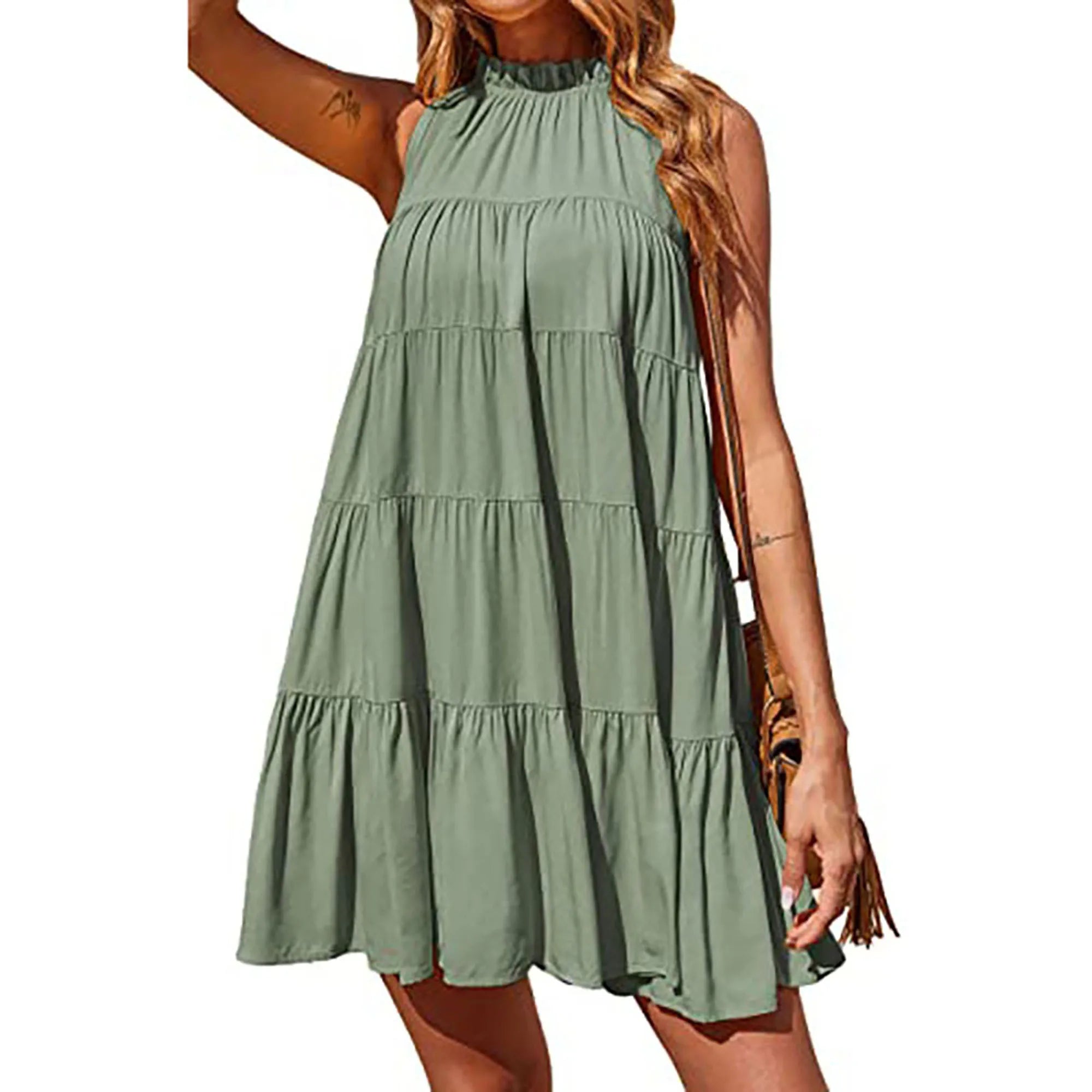 Casual Round Neck Solid Ruffled Pleated Loose Sleeveless Dress