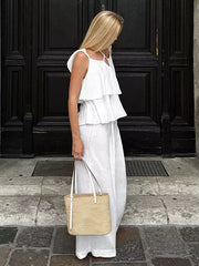 Casual Ruffle Cami Top And Wide Leg Pants Stylish Lounge Two Piece Set