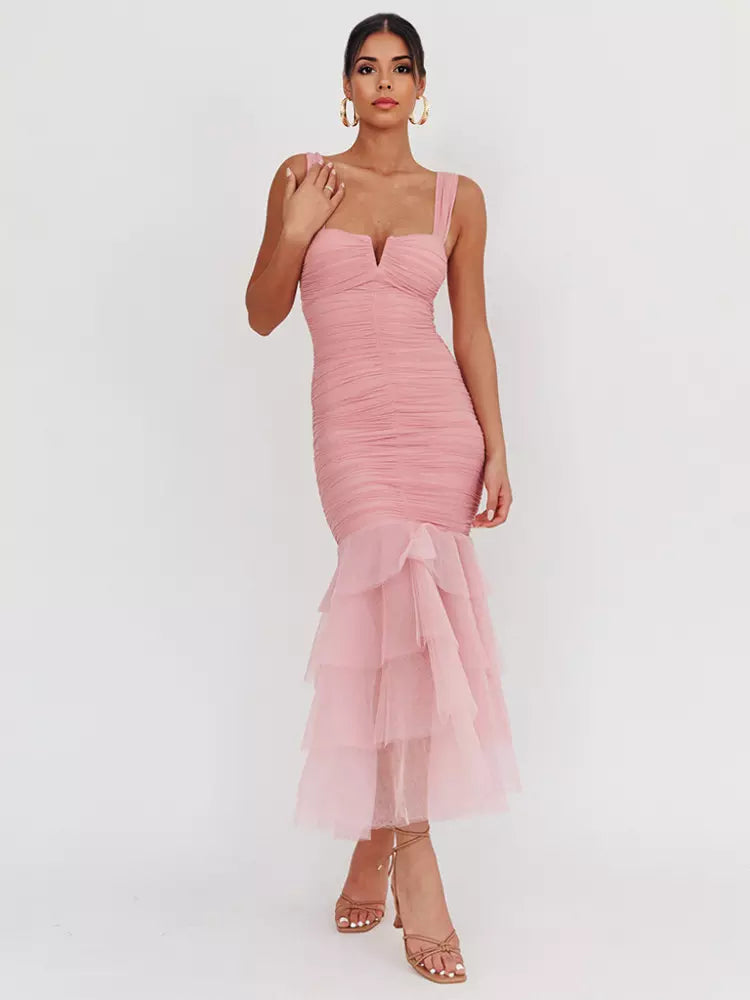 Casual Ruffle Ruched Layered Open Shoulder Hem Sleeveless Maxi Dress