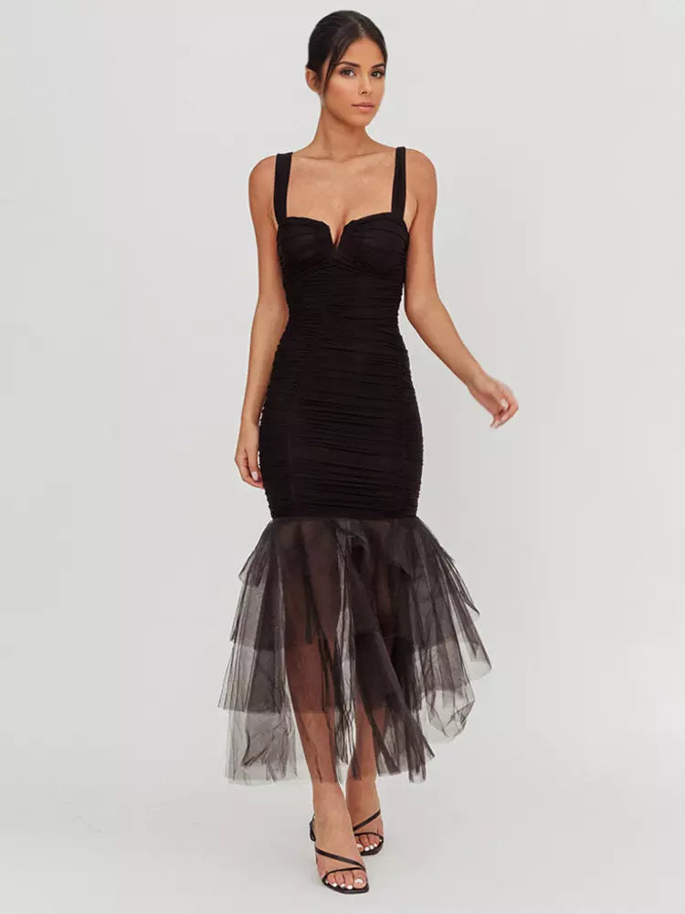 Casual Ruffle Ruched Layered Open Shoulder Hem Sleeveless Maxi Dress