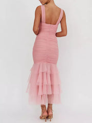 Casual Ruffle Ruched Layered Open Shoulder Hem Sleeveless Maxi Dress