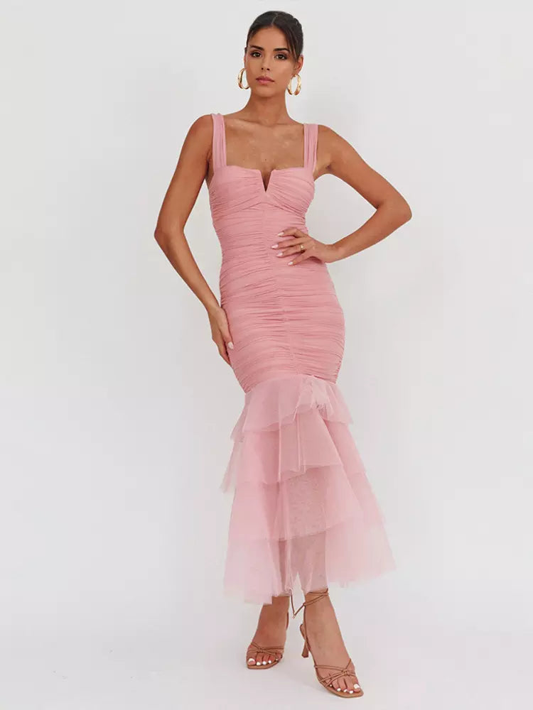 Casual Ruffle Ruched Layered Open Shoulder Hem Sleeveless Maxi Dress