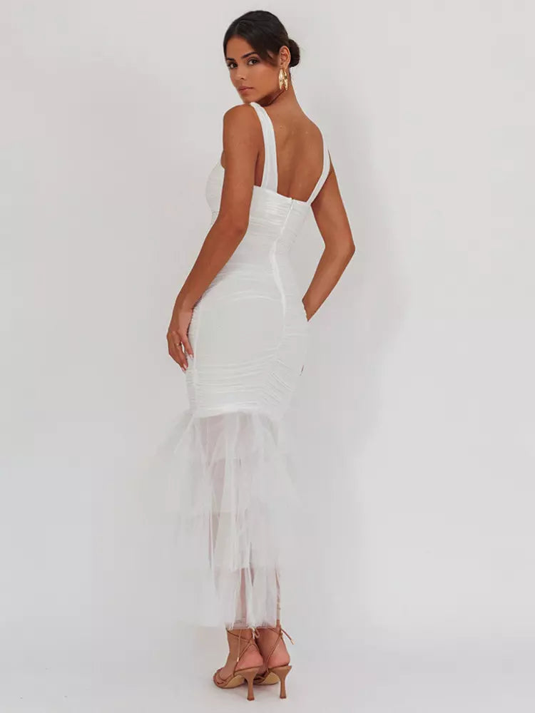 Casual Ruffle Ruched Layered Open Shoulder Hem Sleeveless Maxi Dress