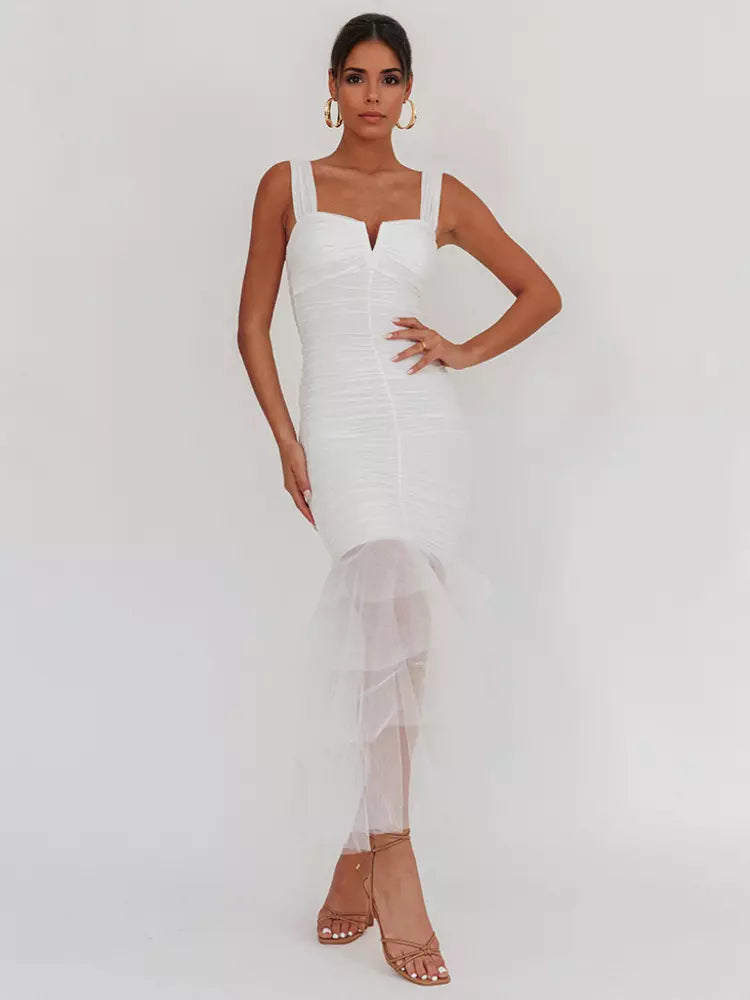 Casual Ruffle Ruched Layered Open Shoulder Hem Sleeveless Maxi Dress