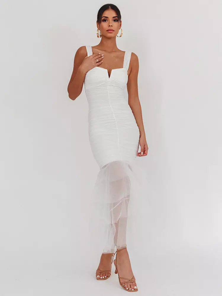 Casual Ruffle Ruched Layered Open Shoulder Hem Sleeveless Maxi Dress