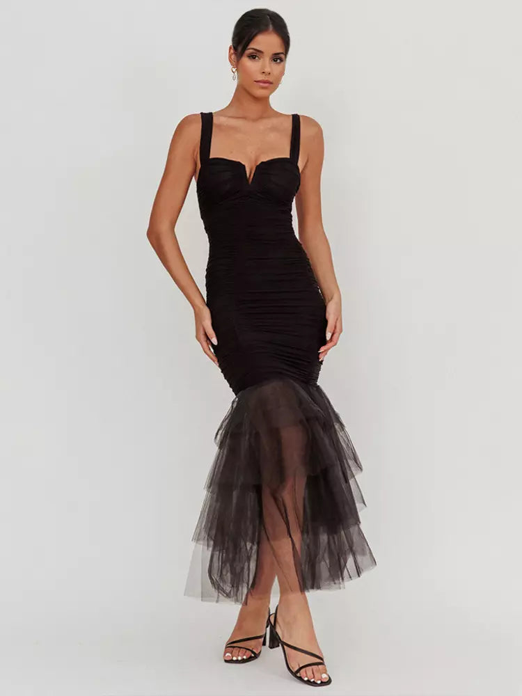 Casual Ruffle Ruched Layered Open Shoulder Hem Sleeveless Maxi Dress