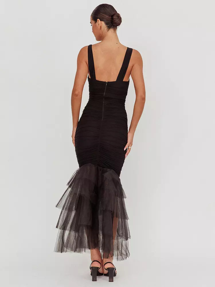 Casual Ruffle Ruched Layered Open Shoulder Hem Sleeveless Maxi Dress