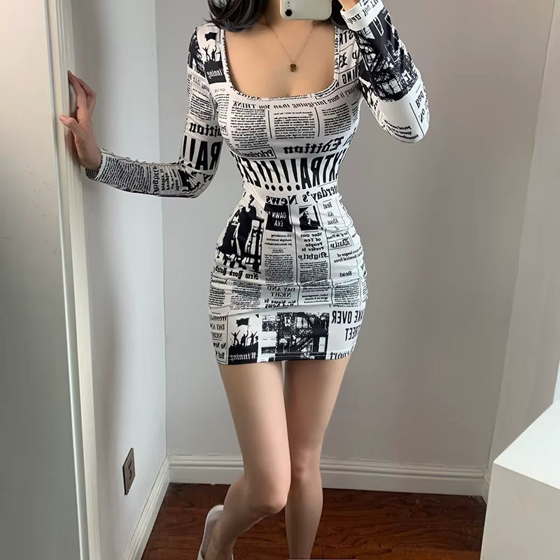 Casual Ruffle Square Collar Printed Medium Stretch Slim Fit Mini Dress