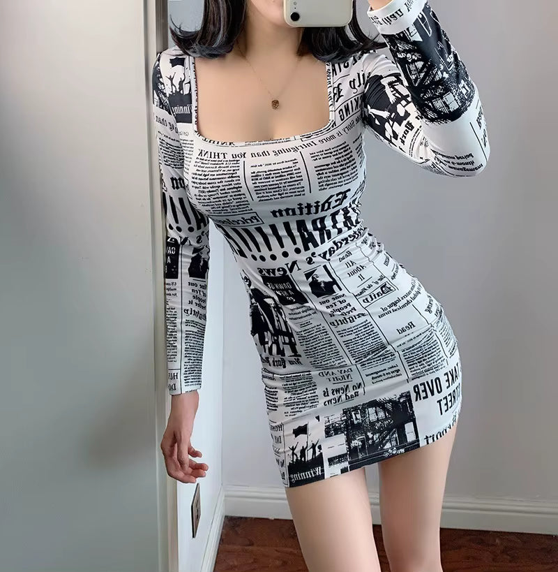 Casual Ruffle Square Collar Printed Medium Stretch Slim Fit Mini Dress