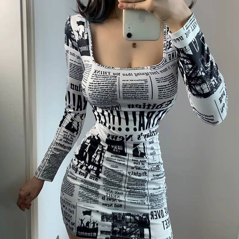 Casual Ruffle Square Collar Printed Medium Stretch Slim Fit Mini Dress