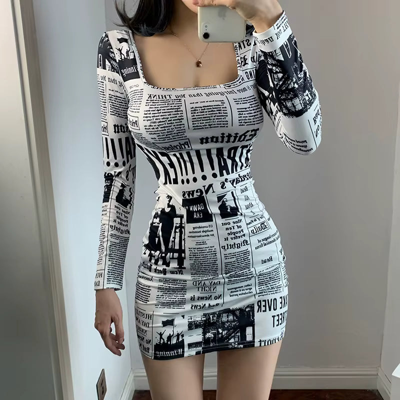 Casual Ruffle Square Collar Printed Medium Stretch Slim Fit Mini Dress