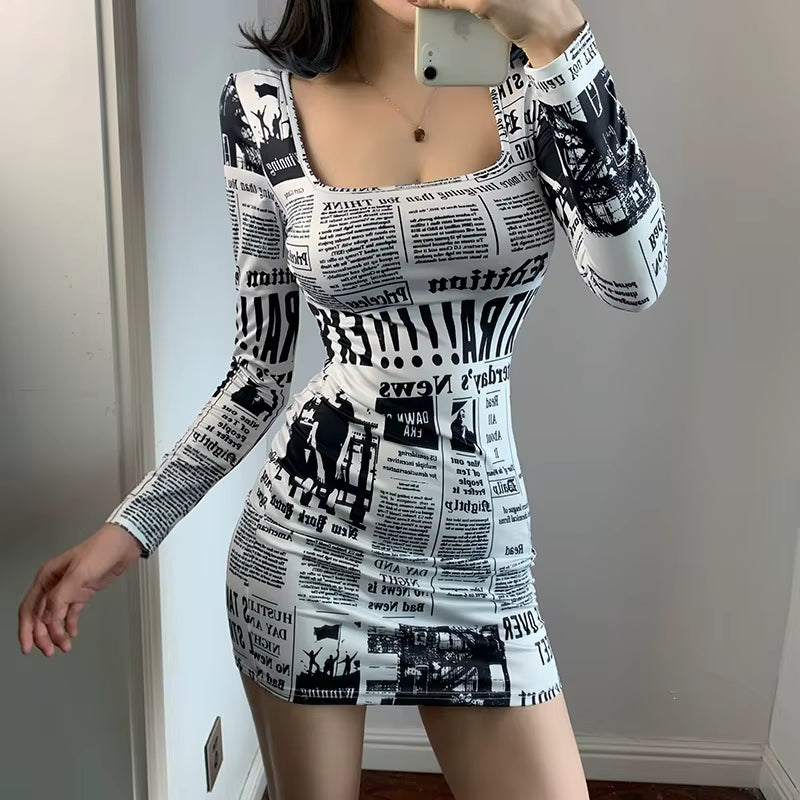 Casual Ruffle Square Collar Printed Medium Stretch Slim Fit Mini Dress