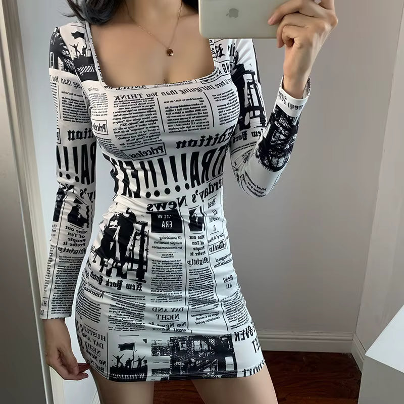 Casual Ruffle Square Collar Printed Medium Stretch Slim Fit Mini Dress