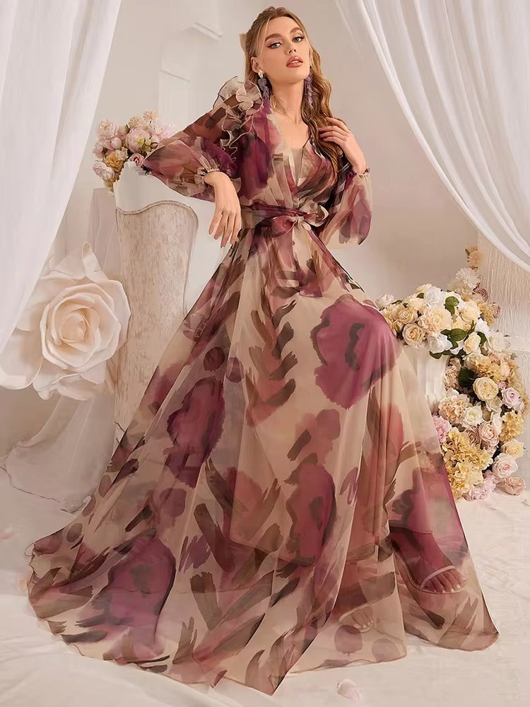Casual Ruffled Floral Printed Lantern Sleeve Long Dress