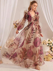 Casual Ruffled Floral Printed Lantern Sleeve Long Dress