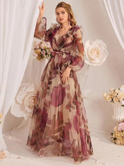 Casual Ruffled Floral Printed Lantern Sleeve Long Dress
