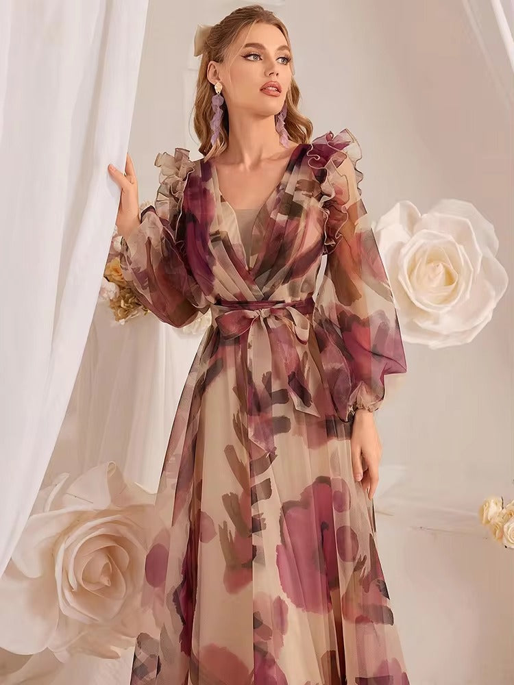 Casual Ruffled Floral Printed Lantern Sleeve Long Dress