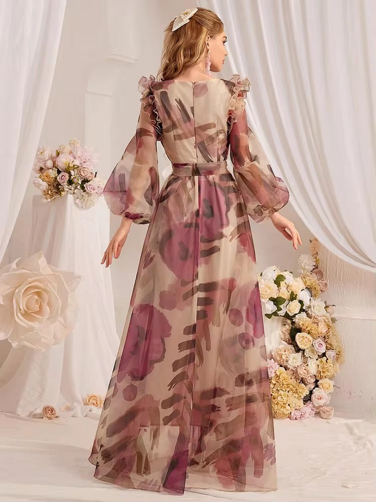 Casual Ruffled Floral Printed Lantern Sleeve Long Dress