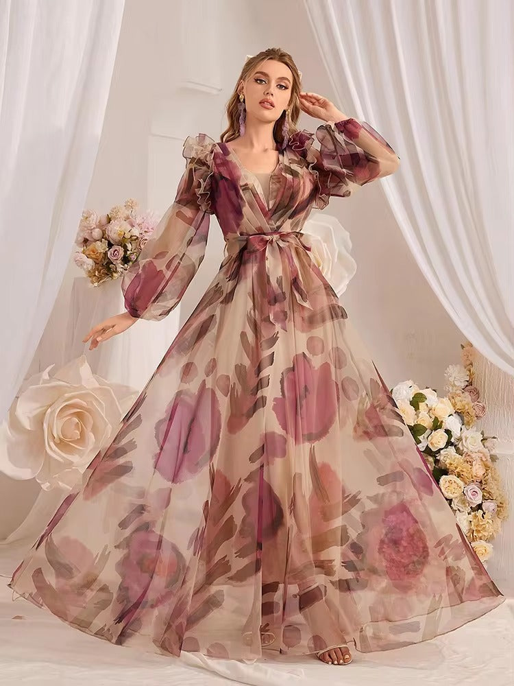 Casual Ruffled Floral Printed Lantern Sleeve Long Dress