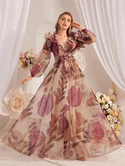 Casual Ruffled Floral Printed Lantern Sleeve Long Dress
