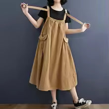 Casual Ruffled Solid Loose Pockets All Match Sleeveless Midi Dress