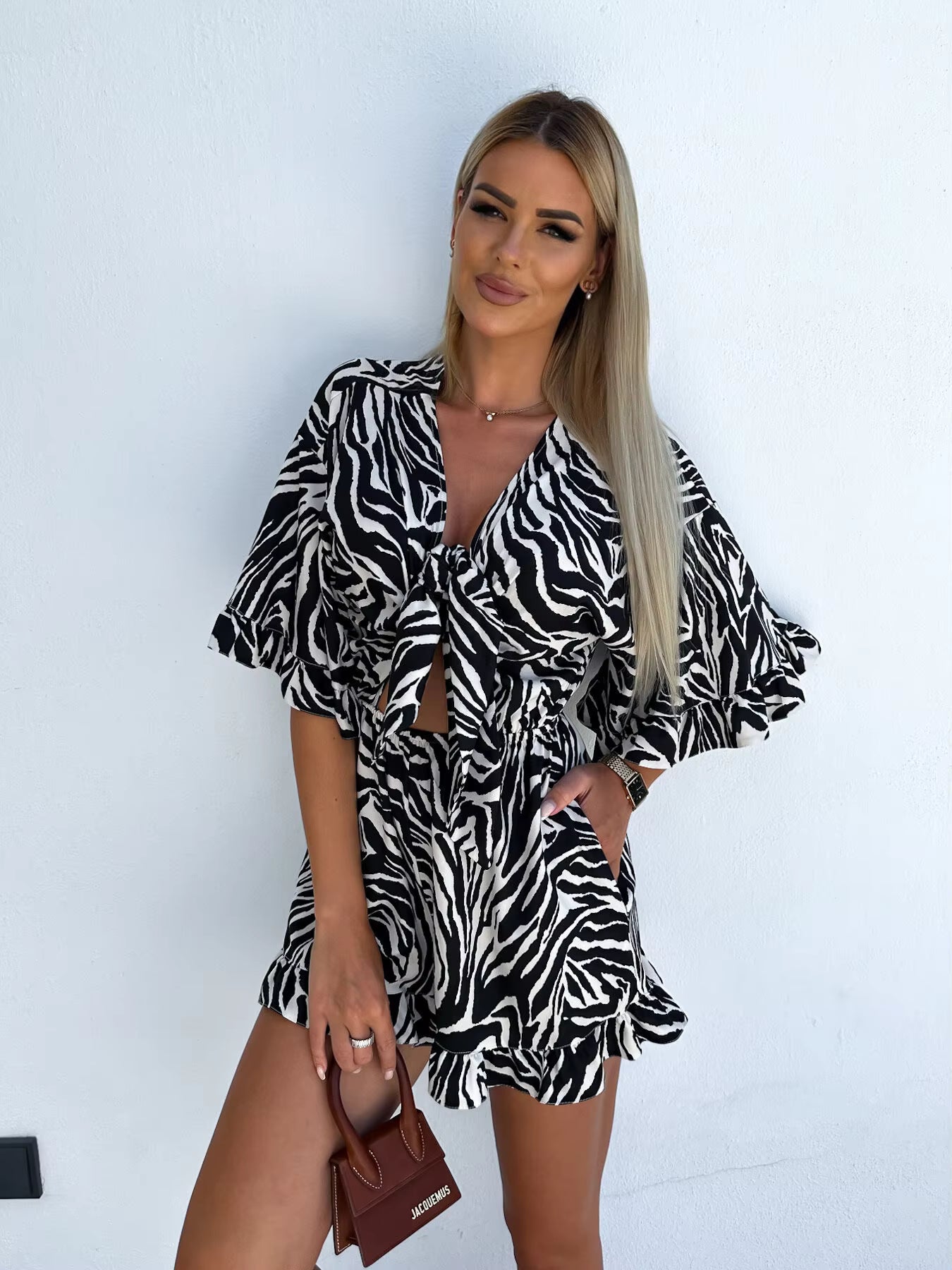 Casual Ruffles Half Sleeve High Waist With Pockets Print Bowknot Lace-up Jumpsuit