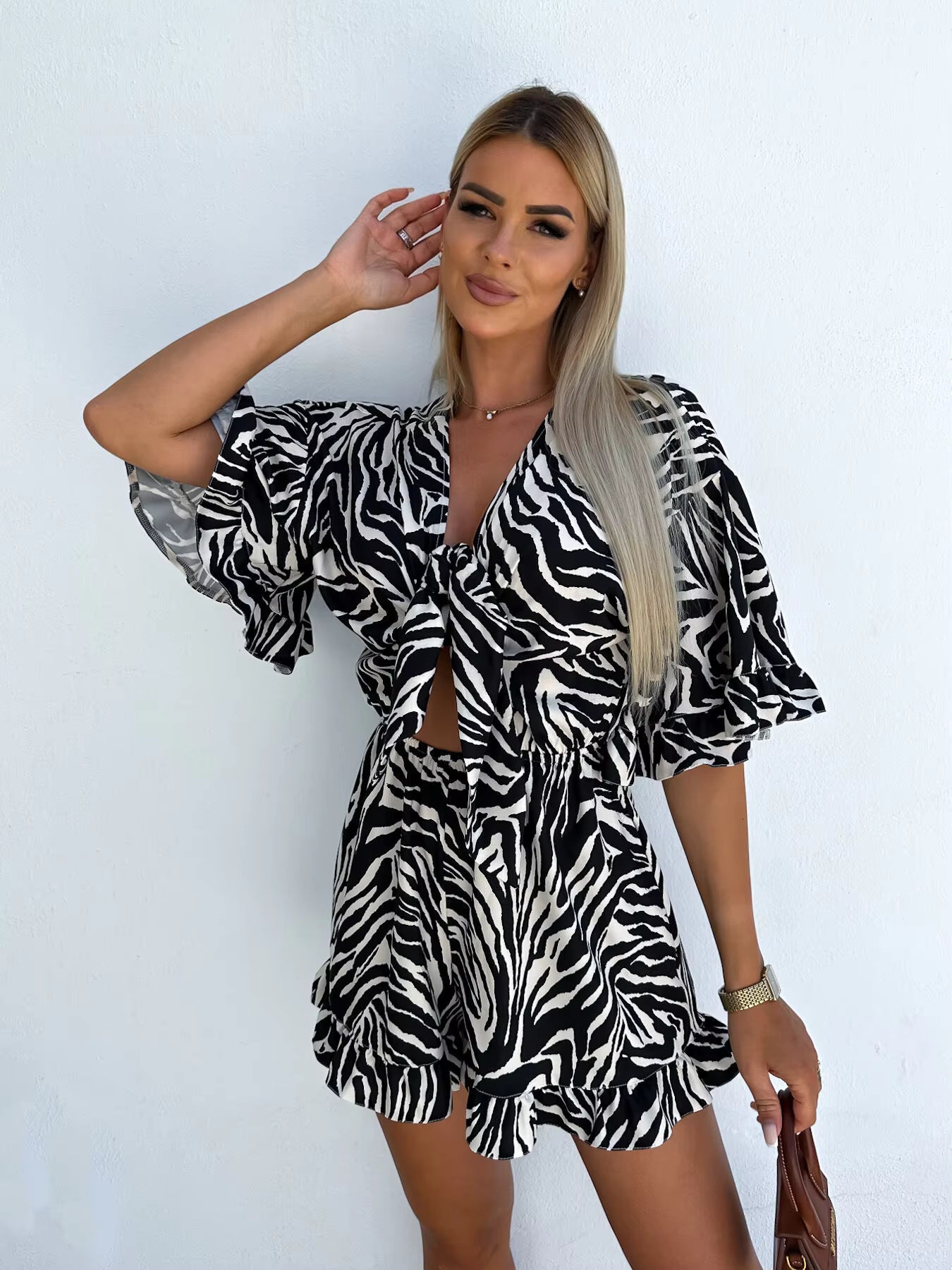 Casual Ruffles Half Sleeve High Waist With Pockets Print Bowknot Lace-up Jumpsuit