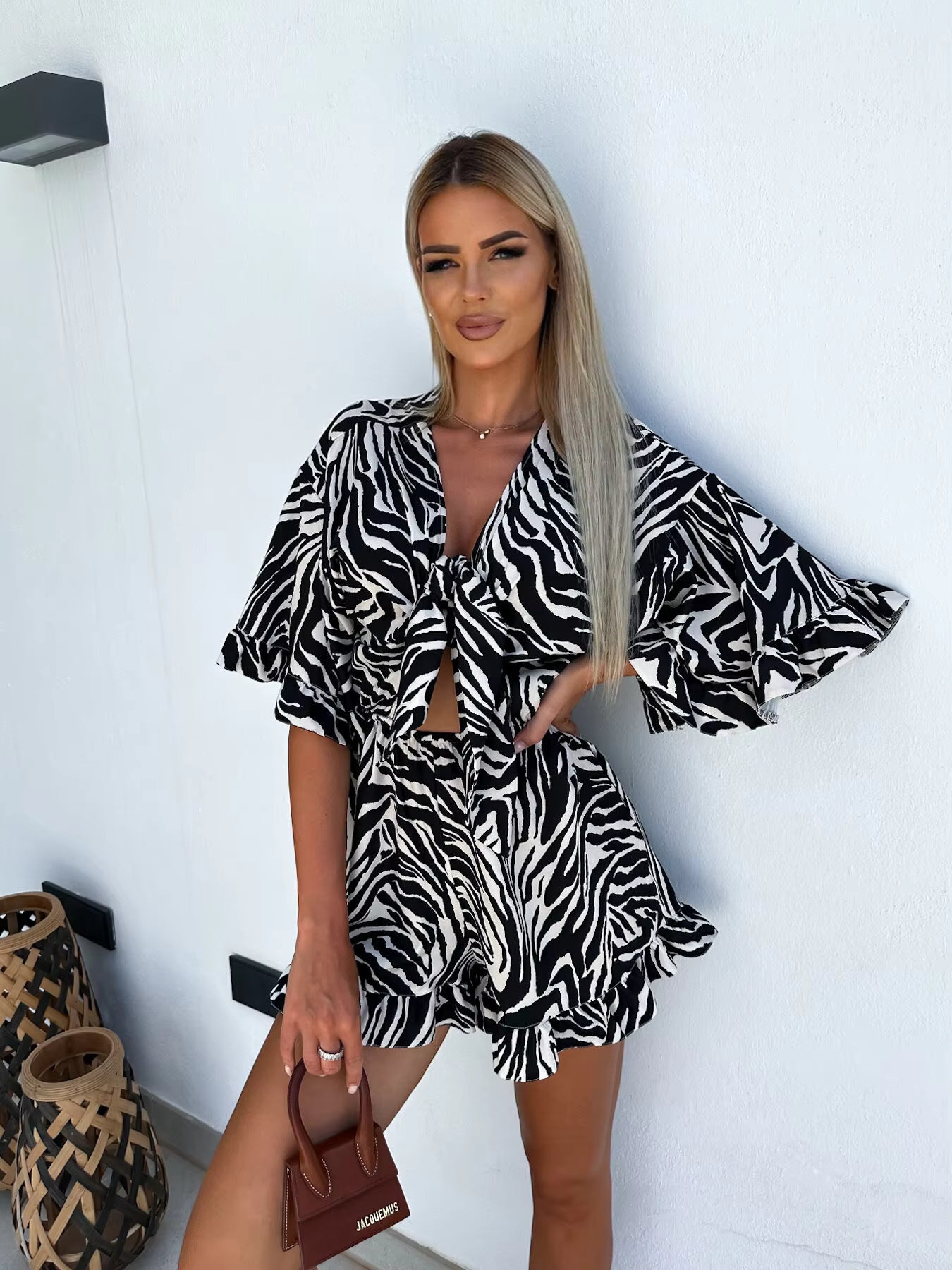 Casual Ruffles Half Sleeve High Waist With Pockets Print Bowknot Lace-up Jumpsuit