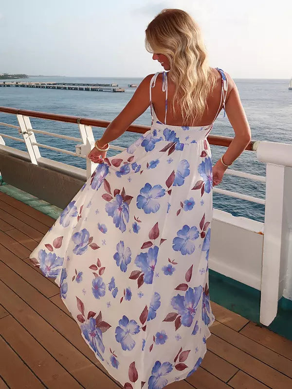 Casual Ruffles Pleated Lace up V-Neck Long Slip Floral Maxi Slit Dress