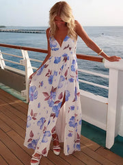 Casual Ruffles Pleated Lace up V-Neck Long Slip Floral Maxi Slit Dress