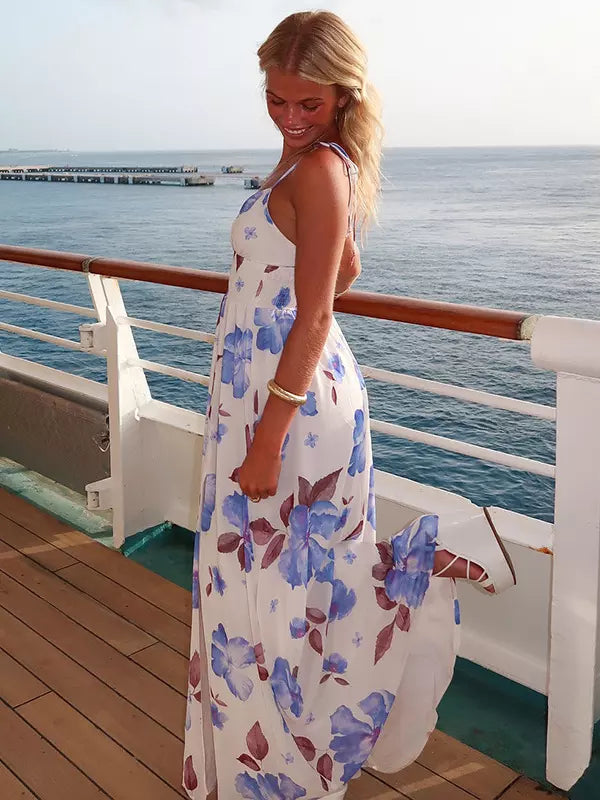 Casual Ruffles Pleated Lace up V-Neck Long Slip Floral Maxi Slit Dress