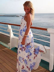 Casual Ruffles Pleated Lace up V-Neck Long Slip Floral Maxi Slit Dress