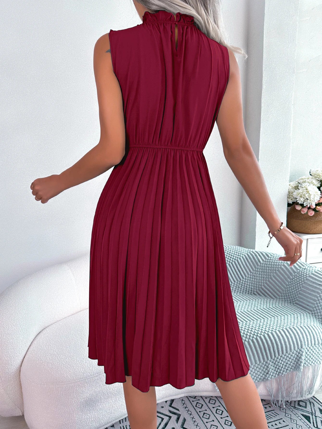 Casual Ruffles Sleeveless Pleated Knee Length Dress