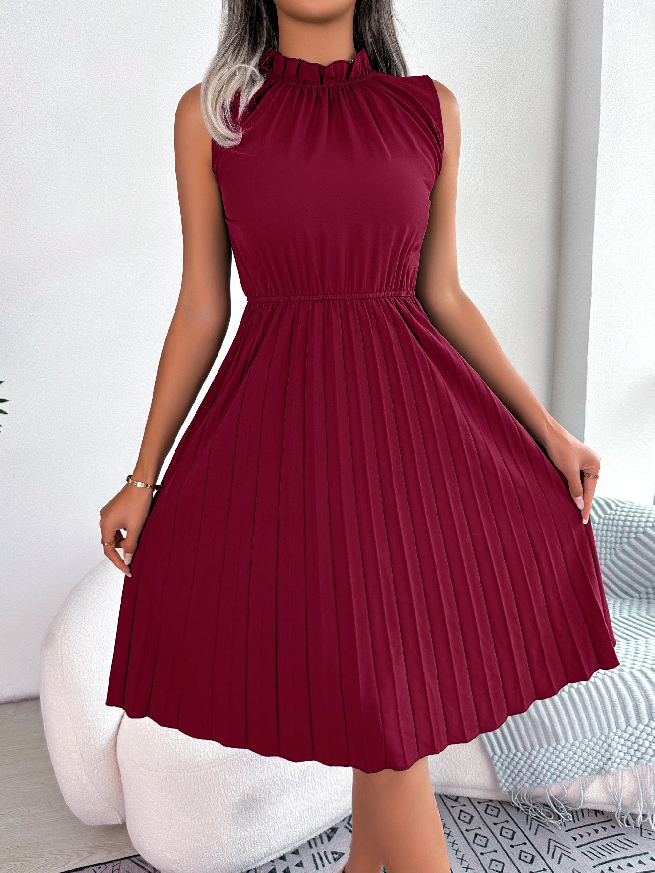Casual Ruffles Sleeveless Non-stretch Pleated Knee Length Dress