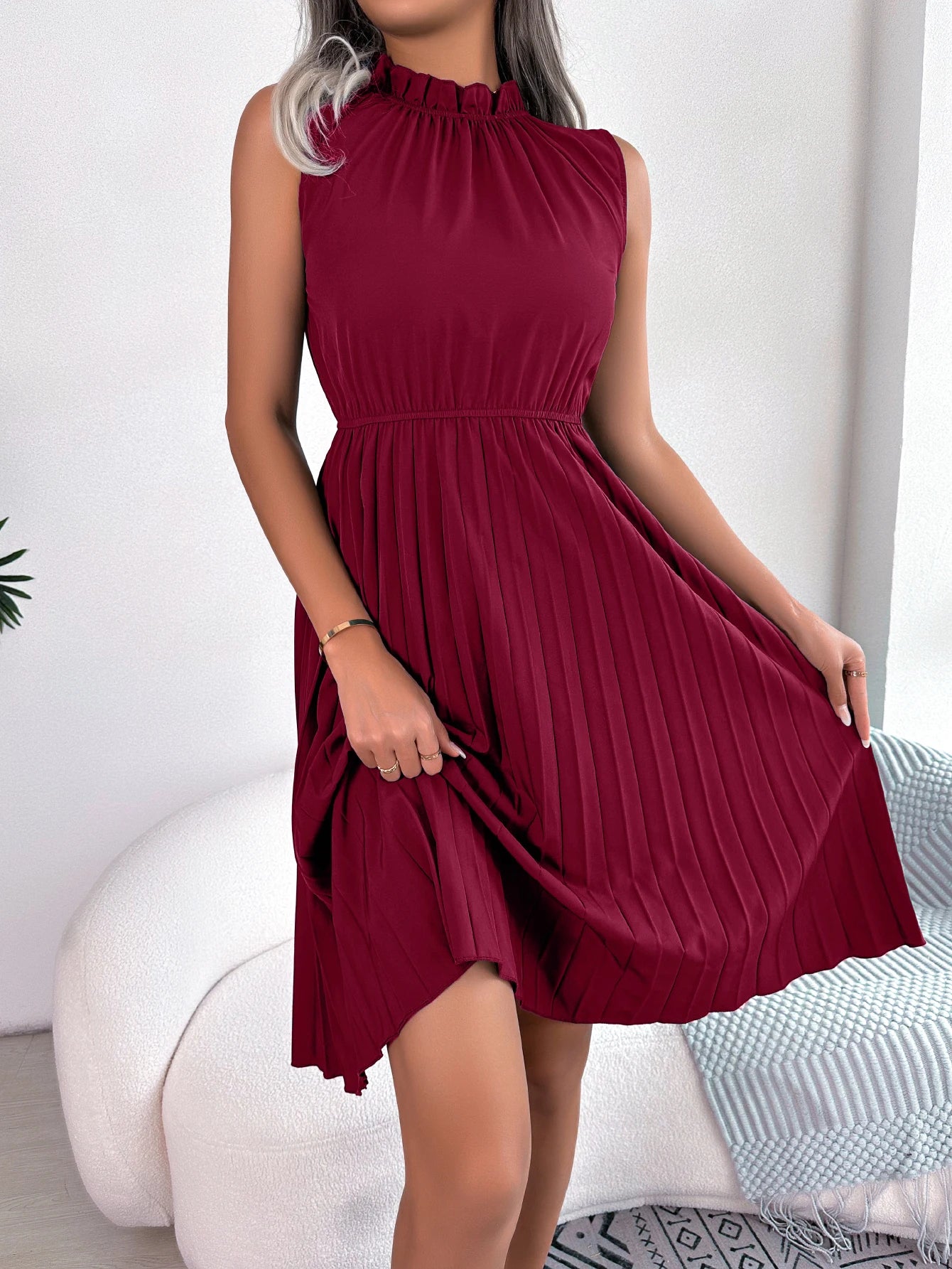 Casual Ruffles Sleeveless Pleated Knee Length Dress
