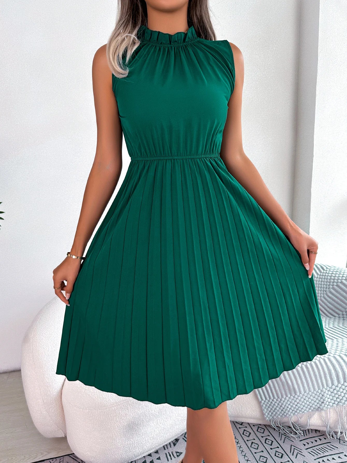Casual Ruffles Sleeveless Non-stretch Pleated Knee Length Dress