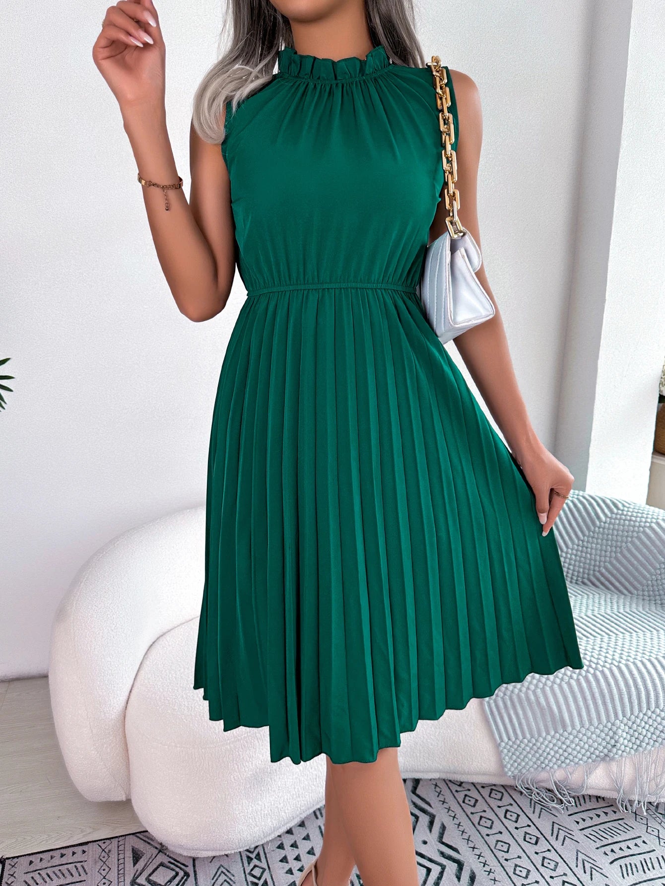 Casual Ruffles Sleeveless Pleated Knee Length Dress