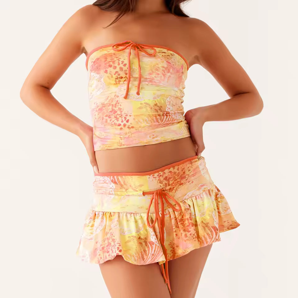Casual Ruffles Strapless Tie-up Front Tube Tops And Mini Skirt Two Piece Set