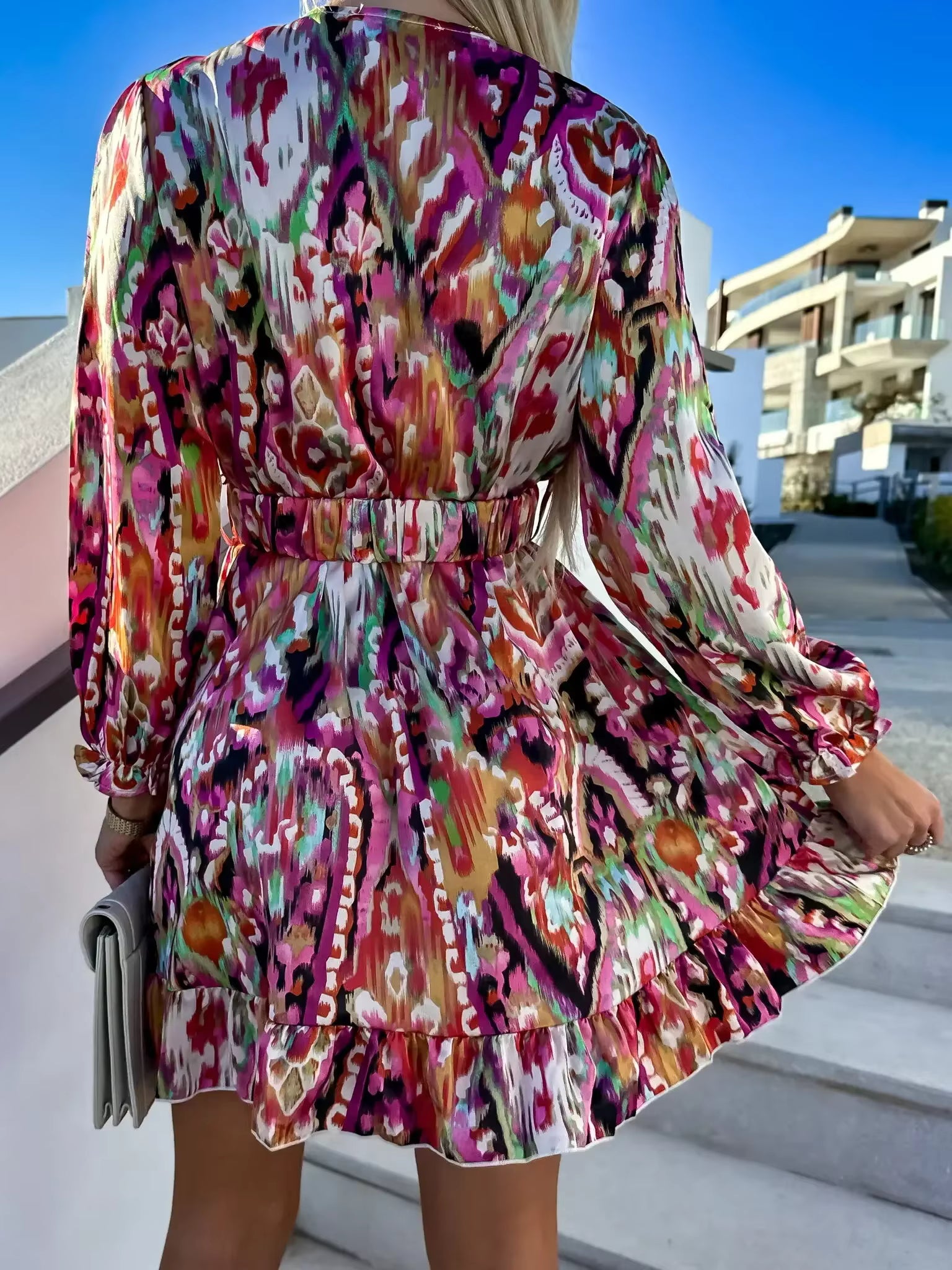 Casual Sashes Beach Style Printed V-neck Loose Fit and Flare Mini Dress