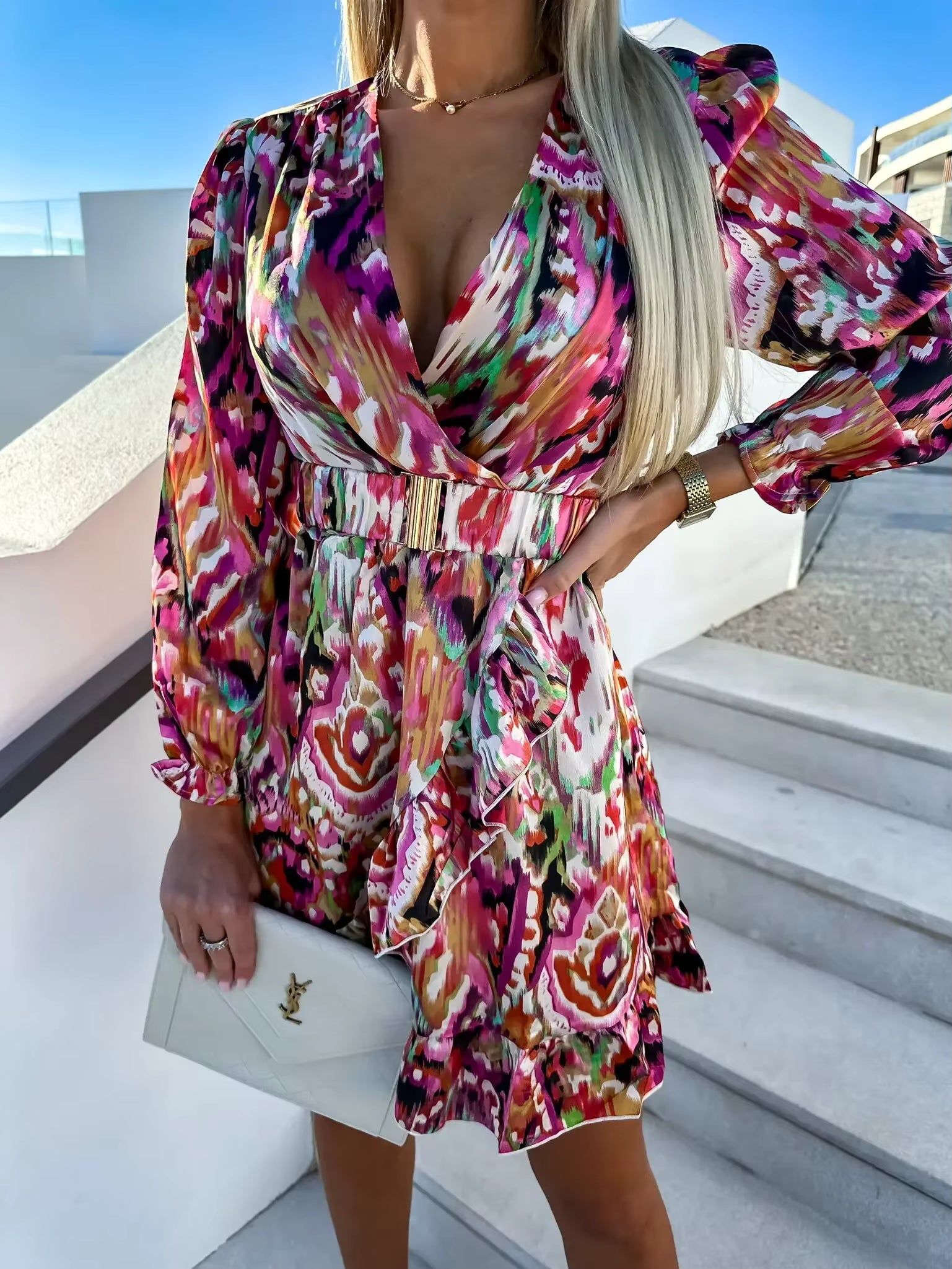 Casual Sashes Beach Style Printed V-neck Loose Fit and Flare Mini Dress