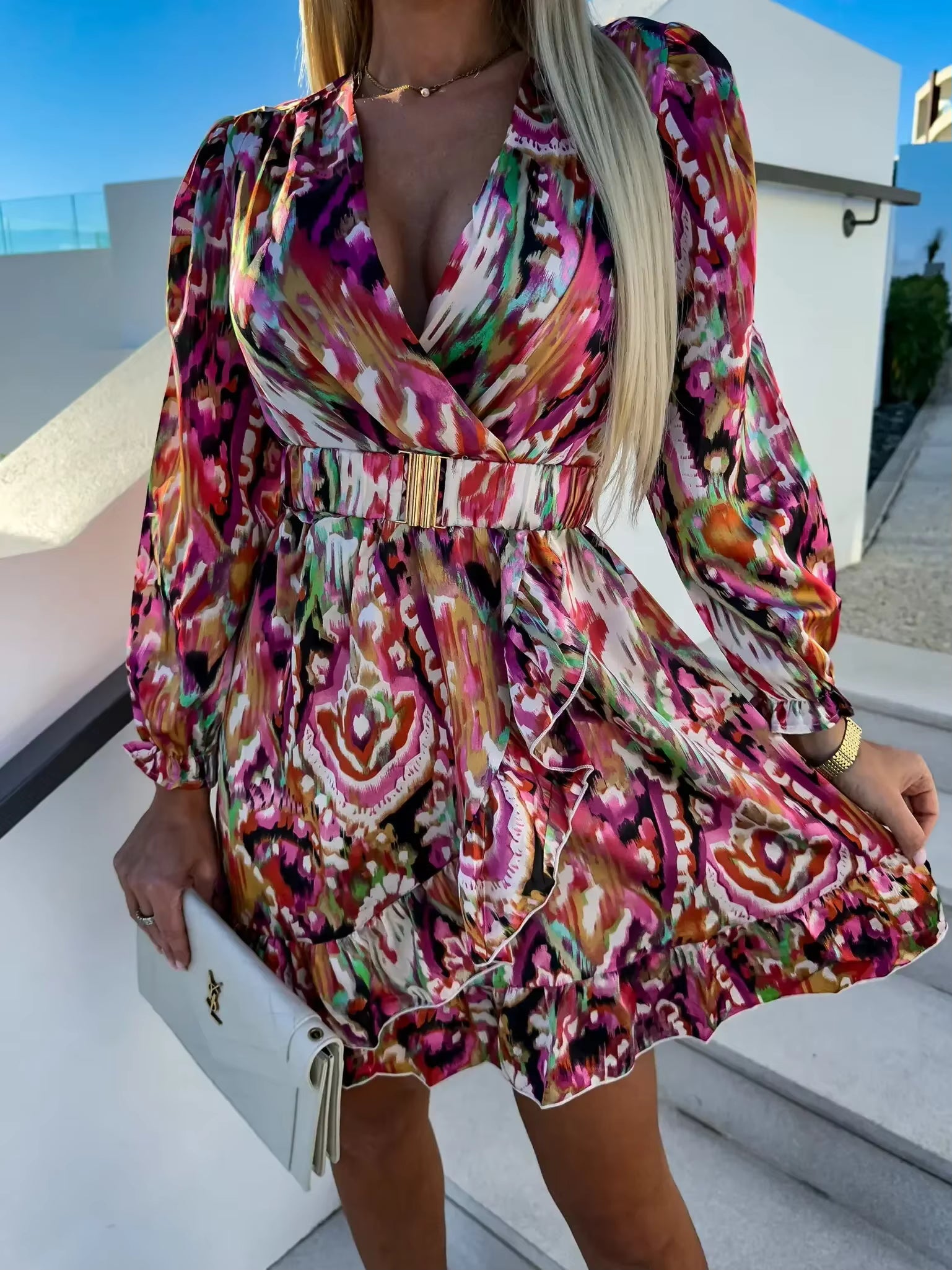 Casual Sashes Beach Style Printed V-neck Loose Fit and Flare Mini Dress