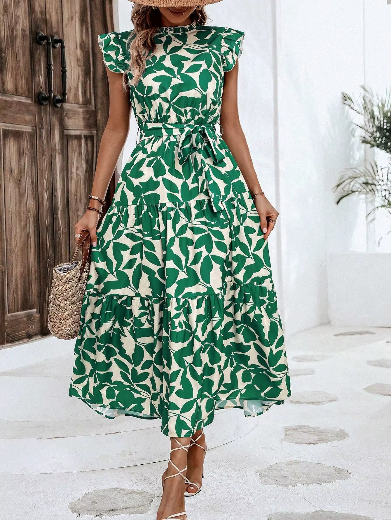 Casual Sashes Floral Print O-Neck Fly Sleeve Lace Up Midi Dresses