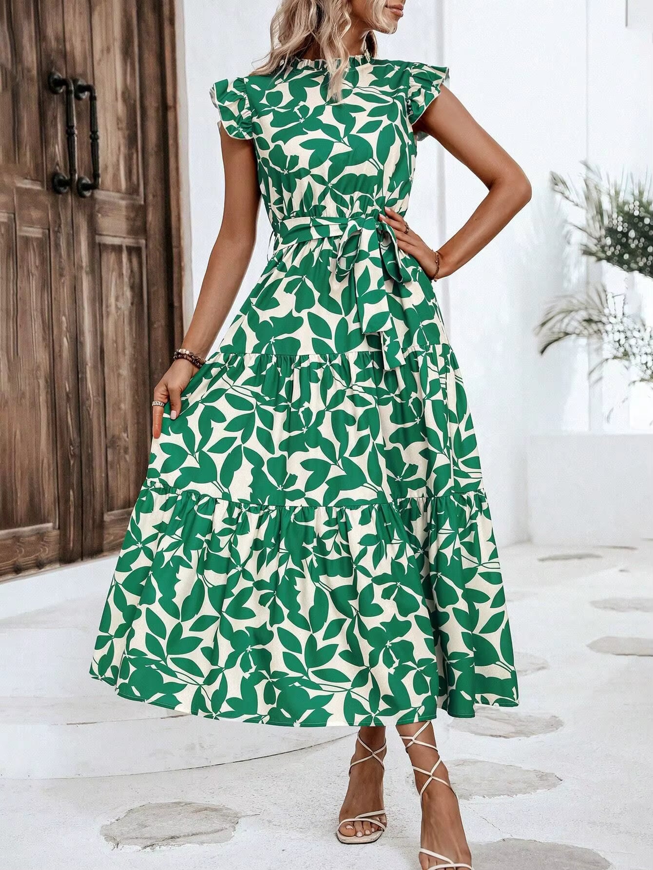 Casual Sashes Floral Print O-Neck Fly Sleeve Lace Up Midi Dresses