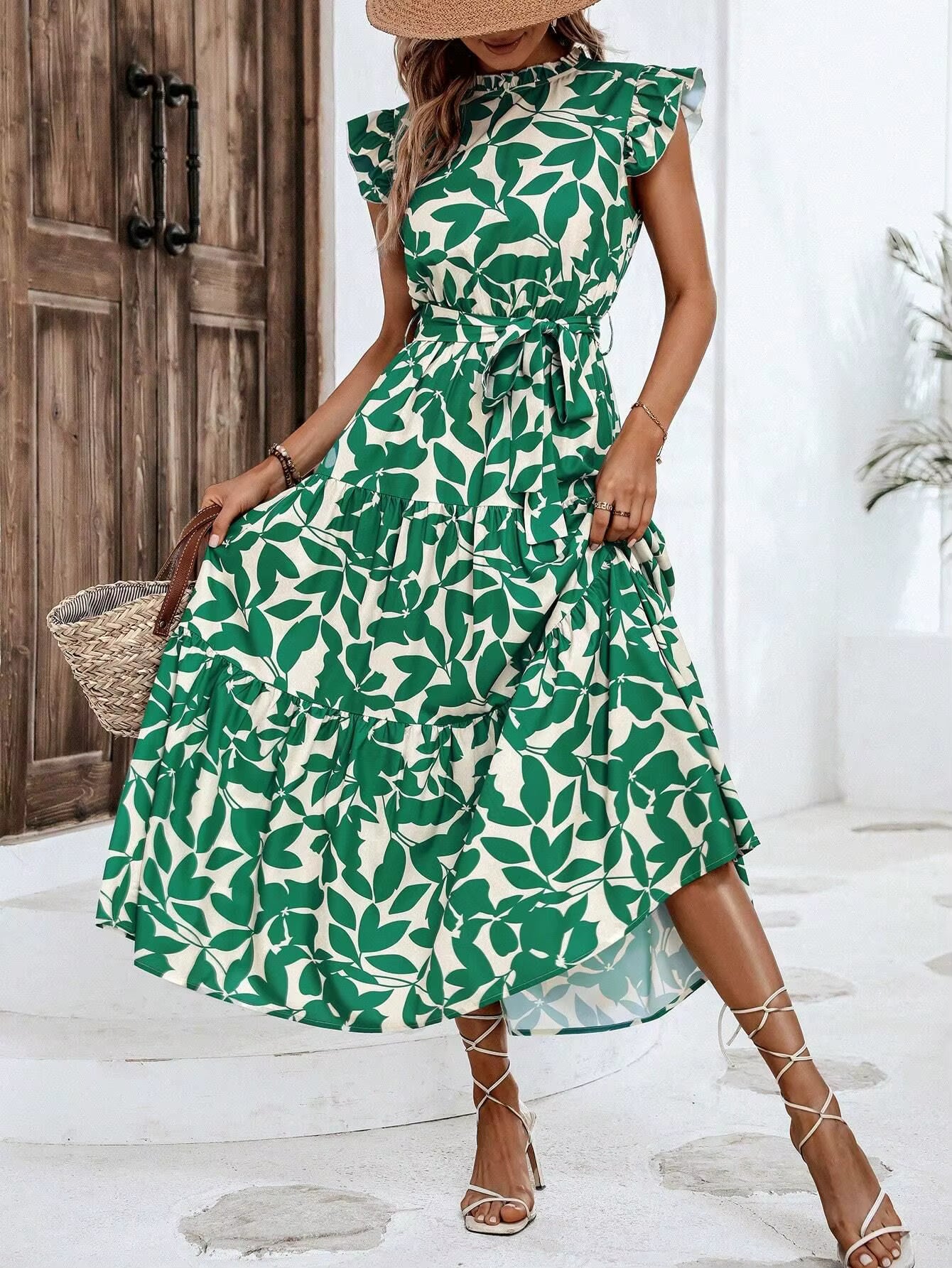 Casual Sashes Floral Print O-Neck Fly Sleeve Lace Up Midi Dresses