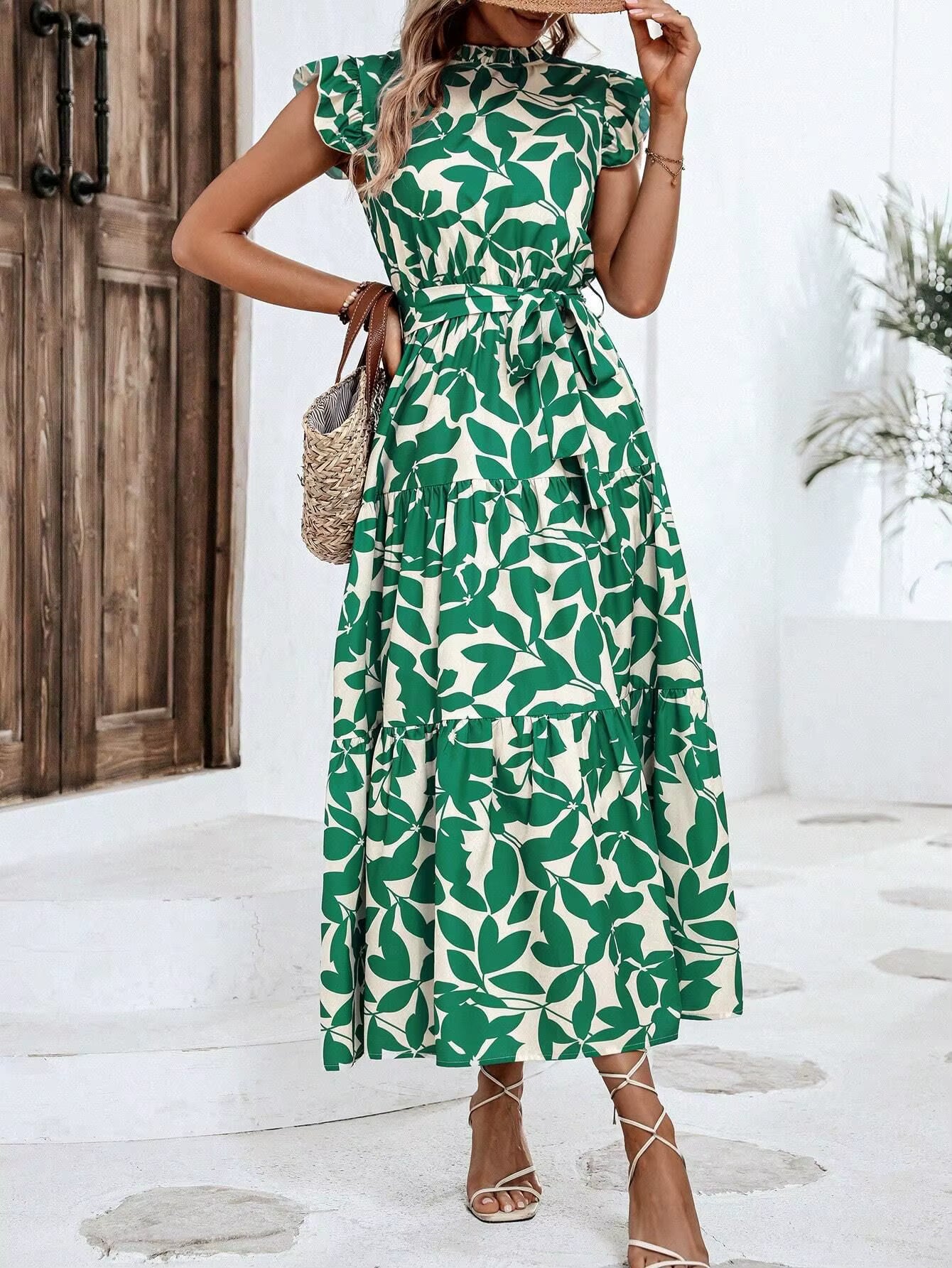 Casual Sashes Floral Print O-Neck Fly Sleeve Lace Up Midi Dresses