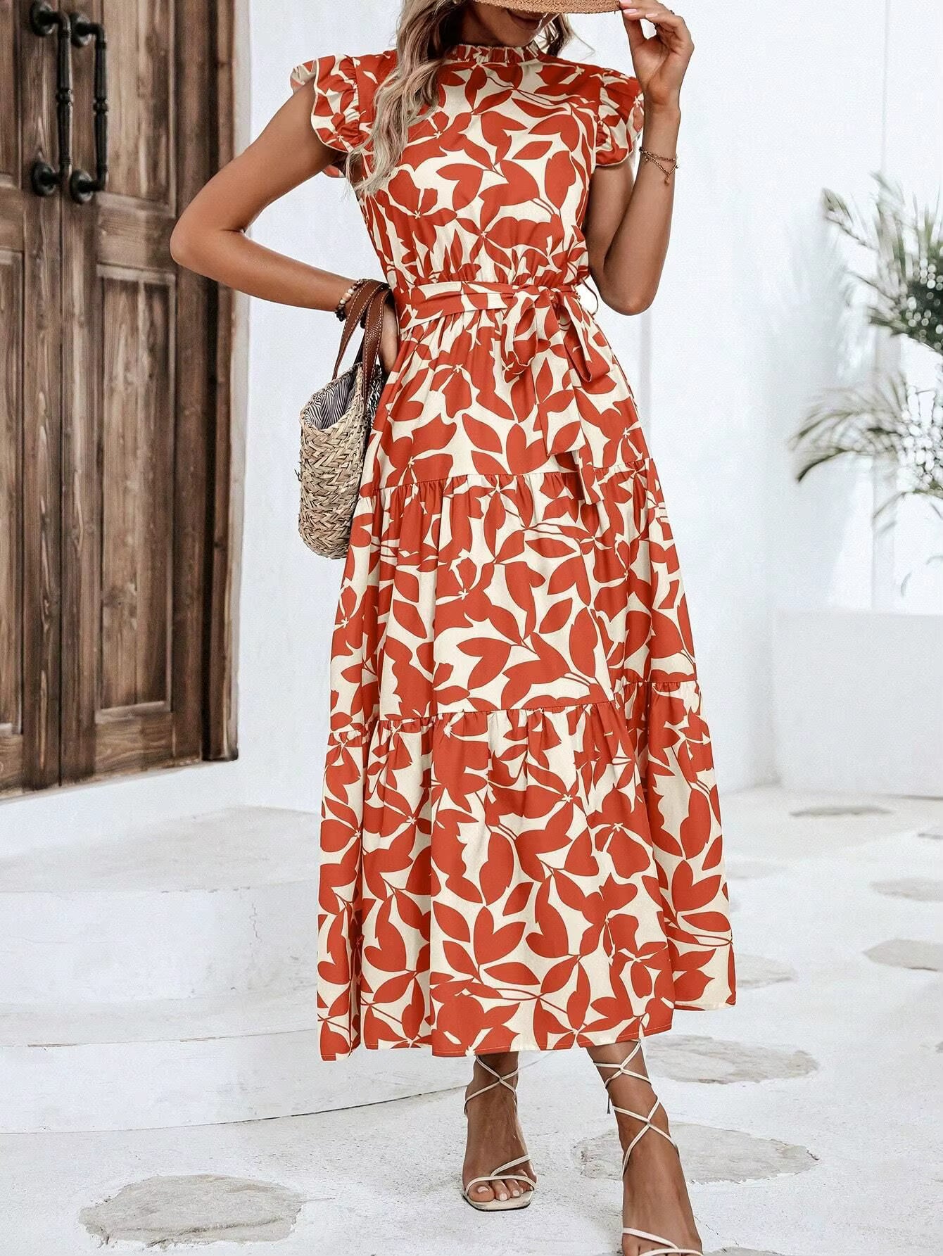 Casual Sashes Floral Print O-Neck Fly Sleeve Lace Up Midi Dresses