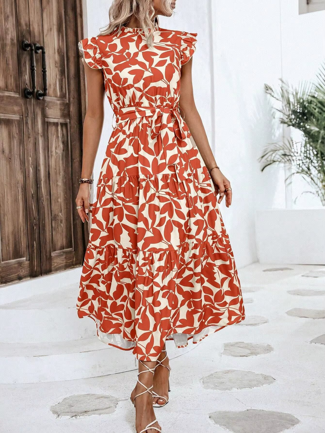 Casual Sashes Floral Print O-Neck Fly Sleeve Lace Up Midi Dresses